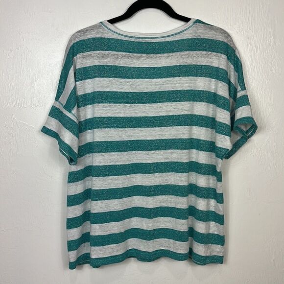 Chico’s Linen Blend Aqua Stripe V-neck Tee Size XL - Picture 5 of 9